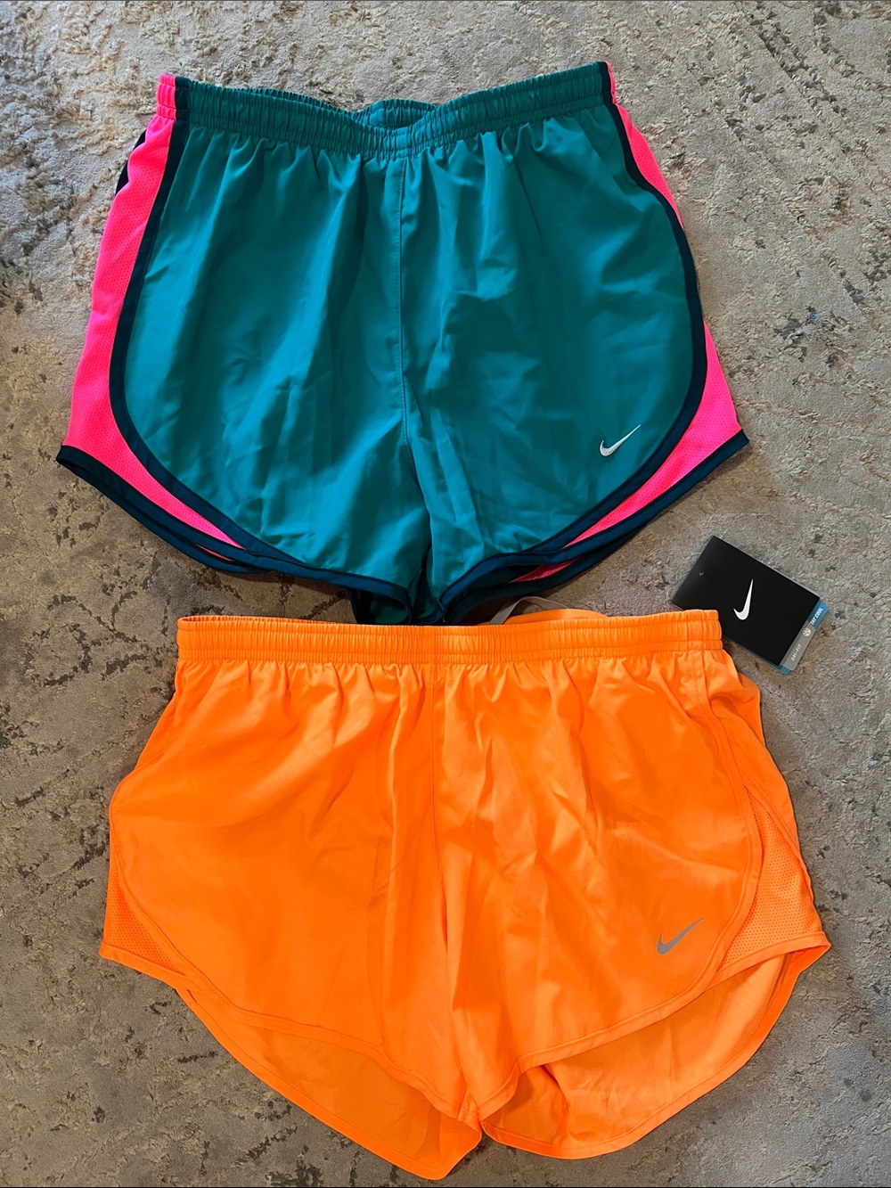Nike Women’s Athletic Shorts — Teal with Pink Trim & Bright Orange Pair